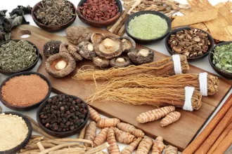 A group of adaptogenic herbs, such as ashwagandha, ginseng, and holy basil, on a wooden table set against a wood background.