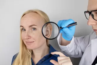 A woman examines a magnifying glass, symbolizing the detailed focus on ear reconstruction surgery.