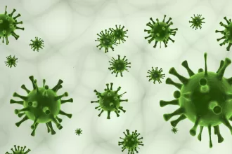 Green HVMP viruses scattered on a clean white background, illustrating the microscopic view of viral structures.