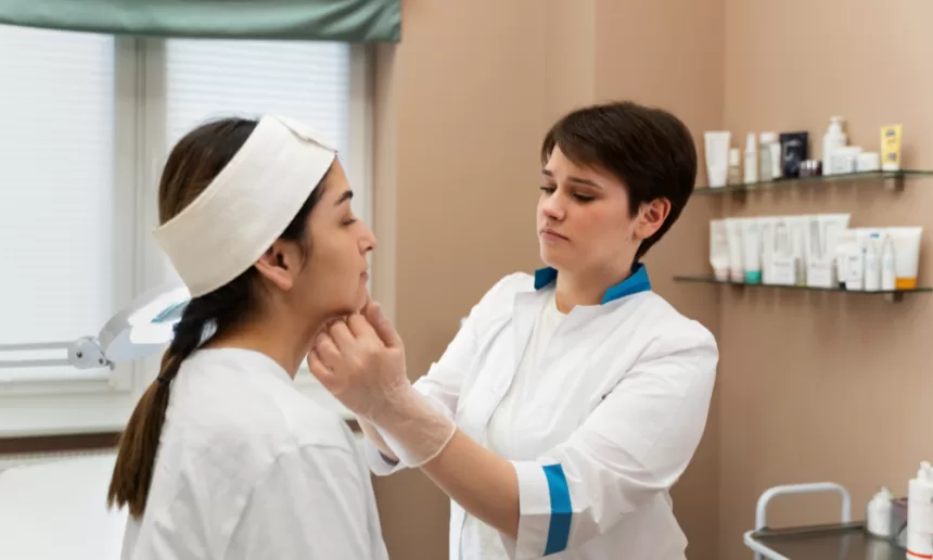 A woman consults with a doctor for a face examination following her laryngectomy procedure.