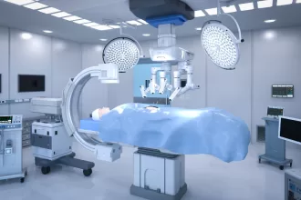 A hospital room featuring a patient recovering in bed after piles surgery, with medical equipment in the background.