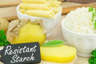 Illustration of resistant starch sources, such as legumes, whole grains, and potatoes, highlighting their health benefits.