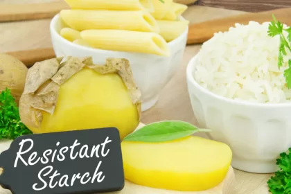 Illustration of resistant starch sources, such as legumes, whole grains, and potatoes, highlighting their health benefits.