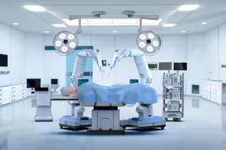 A modern hospital room featuring a high-tech robotic operating table designed for advanced surgical procedures.